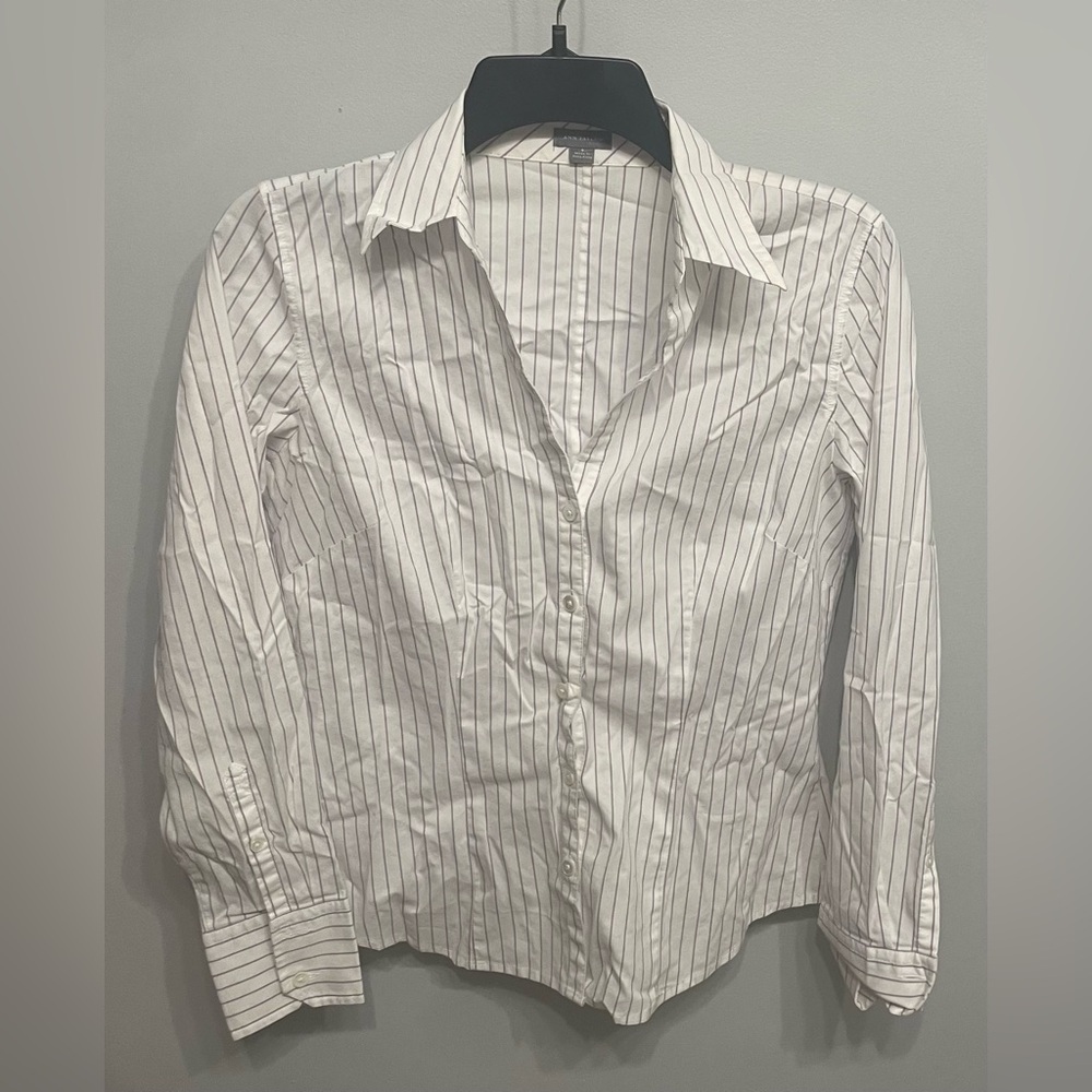 Ann Taylor White Striped Button-Up Blouse